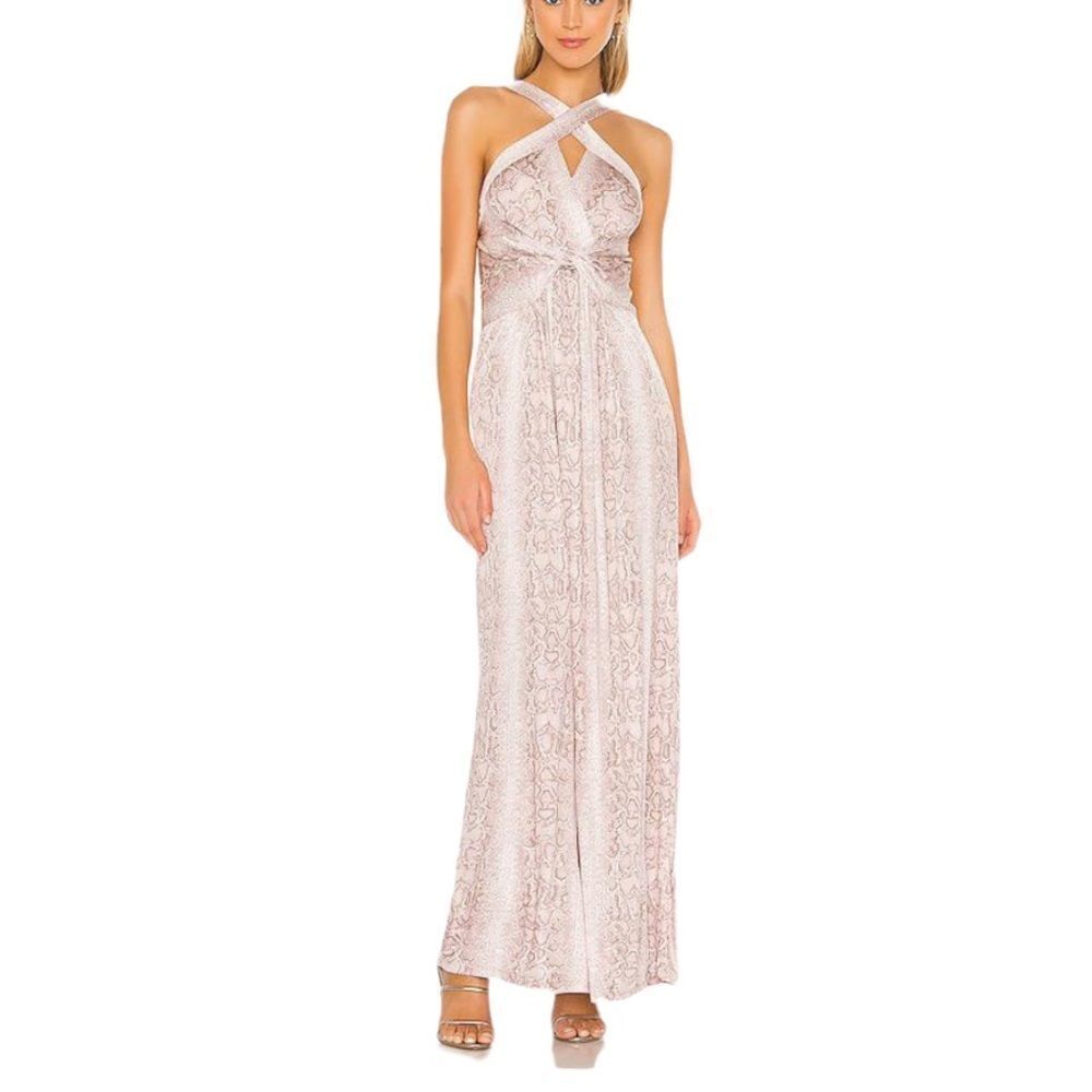BCBGMAXAZRIA sleeveless cross front maxi dress bare pink python snake print S